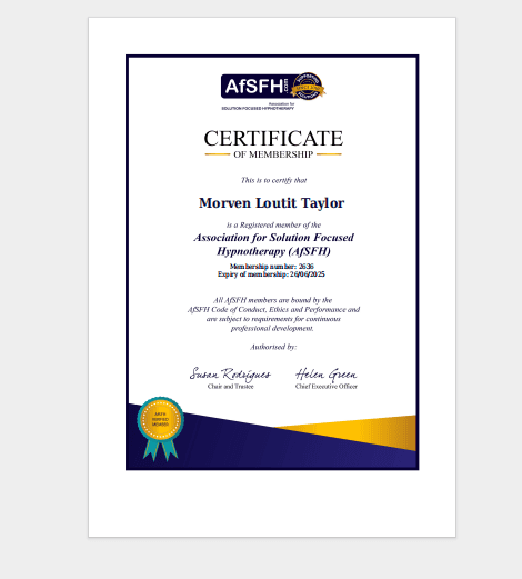AfSFH Certificate - Association for Solution Focused Hypnotherapy